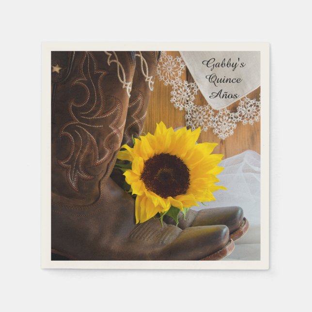 Country Sunflower and Lace Western Quinceañera Napkin (Front)