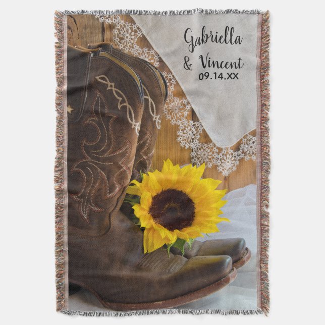 Country Sunflower and Lace Western Wedding Throw Blanket (Front Vertical)