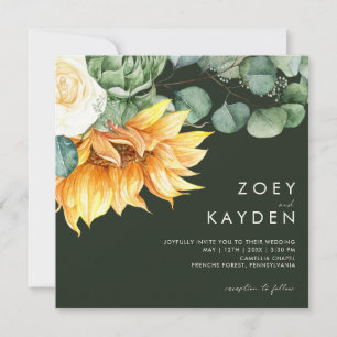 Country Sunflower bouquet   Green Square Wedding Invitation