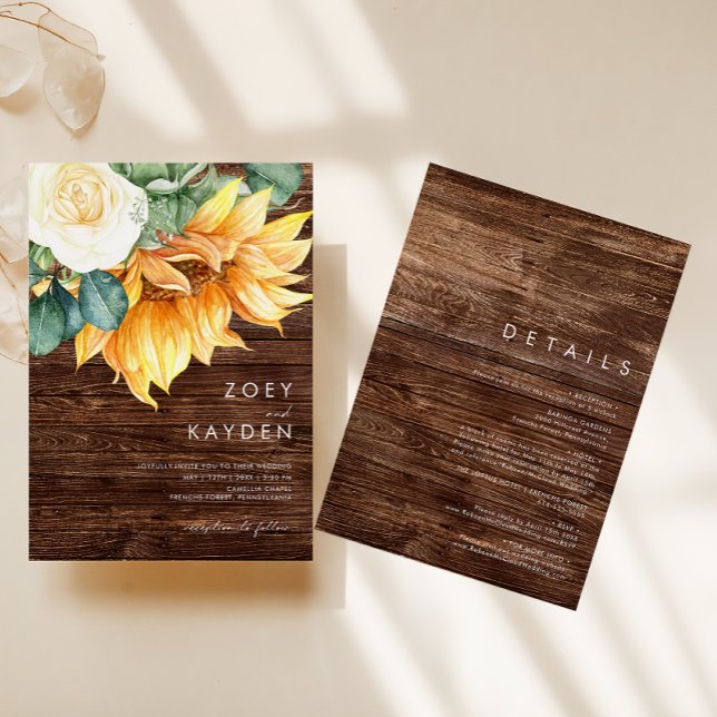 Country Sunflower Bouquet Wood All In One Wedding Invitation (Creator Uploaded)