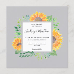 Country Sunflower Foliage Yellow Grey Wedding Invitation