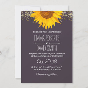 Country Sunflower Gold Dots Elegant Purple Wedding Invitation