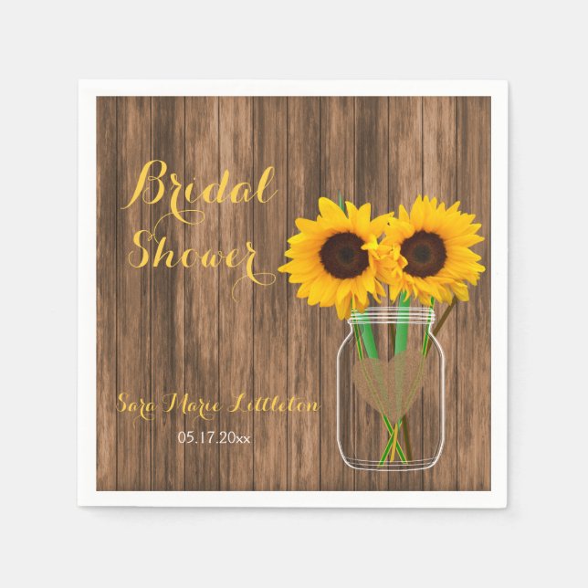 Country Sunflower Mason Jar Bridal Shower Napkin (Front)