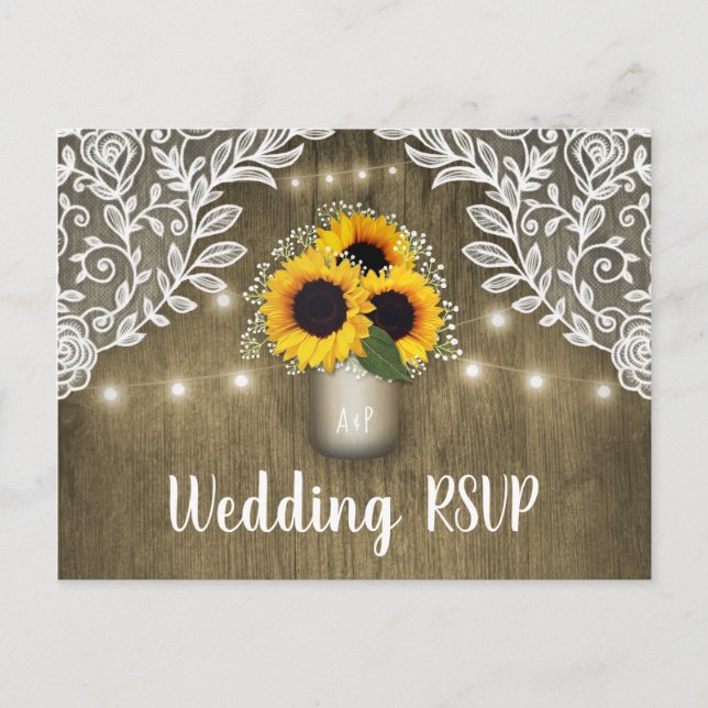 Country Sunflower Mason Jar Wedding RSVP Postcards (Front)