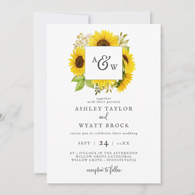 Country Sunflower Monogram Wedding Invitation (Front)