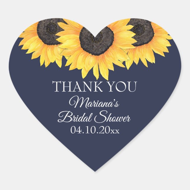 Country Sunflower Navy Blue Bridal Shower Heart Sticker (Front)
