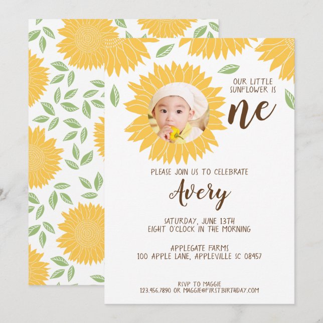 Country Sunflower Photo 1st Birthday Party Invitation (Front/Back)