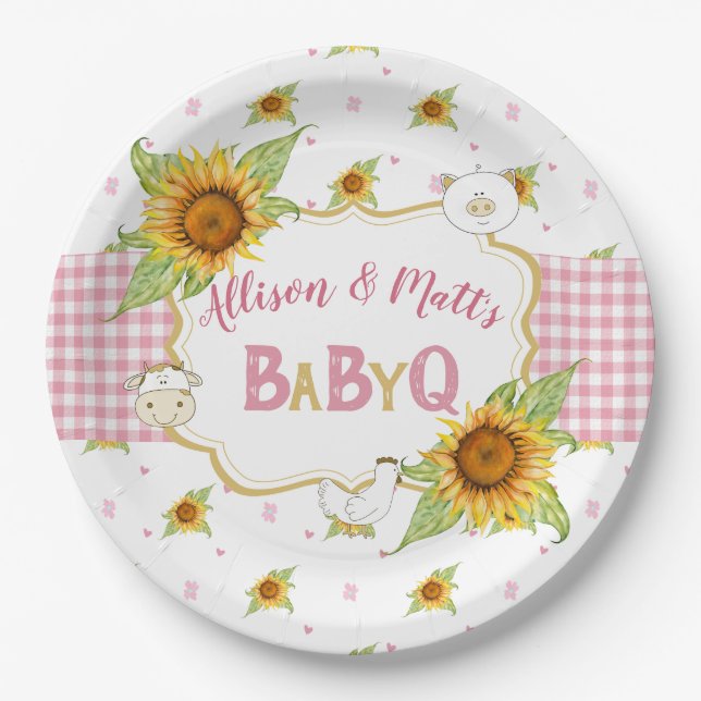 Country Sunflower Pink Gingham Baby Q Barbeque Paper Plate (Front)