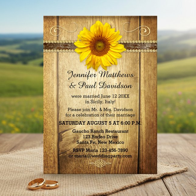 Country Sunflower Post Wedding Party Invitation (Country after wedding invitation featuring a sunflower on rustic wood with pearls)