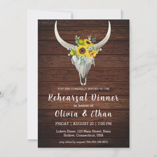 Country sunflower rehearsal dinner invitations (Front)