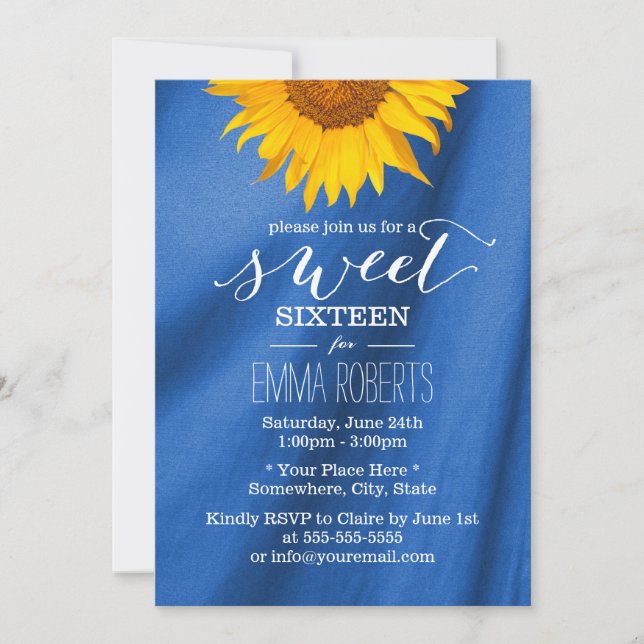 Country Sunflower Royal Blue Sweet 16 Birthday Invitation (Front)