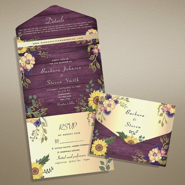 Country Sunflower Rustic Purple Wedding All In One Invitation (Creator Uploaded)