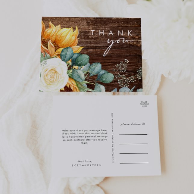 Country Sunflower Script | Wood Wedding Thank You Postcard (Creator Uploaded)