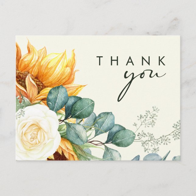 Country Sunflower Script Yellow Wedding Thank You Postcard (Front)