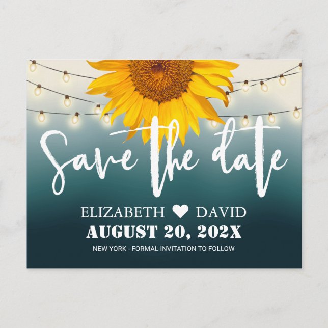 Country Sunflower Teal Ombre Wedding Save the Date Announcement Postcard (Front)