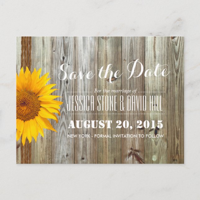 Country Sunflower Twine & Barn Wood Save the Date Announcement Postcard (Front)