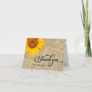 Country Sunflower Vintage Old Newspaper Thank You Card