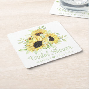 Country Sunflower Watercolor Floral Bridal Shower Square Paper Coaster