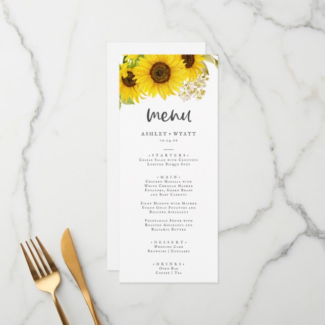 Country Sunflower Wedding Dinner Menu (Front/Back In Situ)