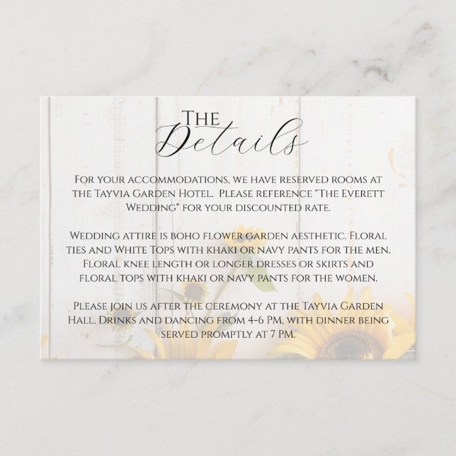 Country Sunflower White Barn Wood Wedding Details Enclosure Card (Front)
