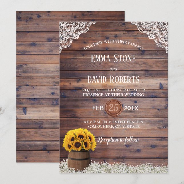 Country Sunflower Wine Barrel Rustic Wedding Invitation (Front/Back)