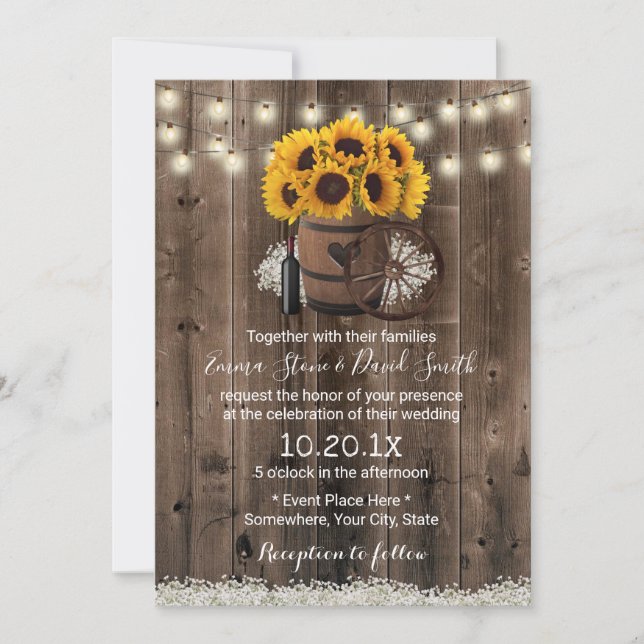 Country Sunflower Wood Barrel Rustic Wedding Invitation (Front)