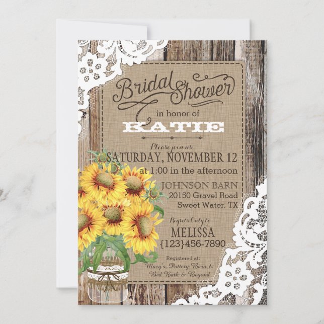 Country Sunflower Wood Lace Rustic Bridal Shower Invitation (Front)