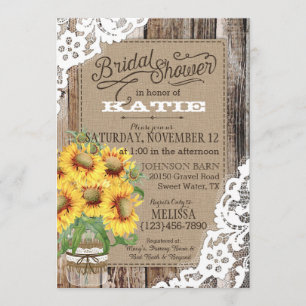 Country Sunflower Wood Lace Rustic Bridal Shower Invitation