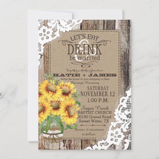 Country Sunflower Wood Lace Rustic Wedding Invitation (Front)