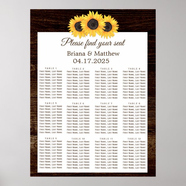 Country Sunflower Wood Wedding Seating Chart (Front)