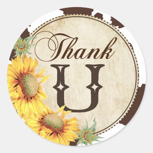 Country Sunflowers and Cow Print Thank You Classic Round Sticker (Front)