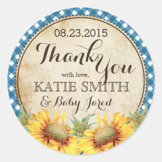 Country Sunflowers and Gingham Check Thank You Classic Round Sticker