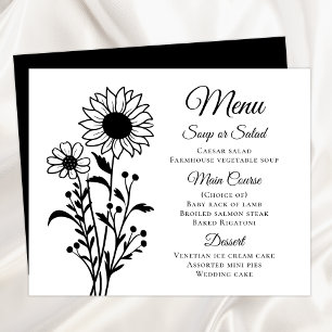 Country Sunflowers Black White Floral Wedding Menu