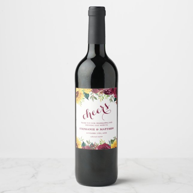 Country Sunflowers Burgundy Roses Floral Wedding Wine Label (Front)
