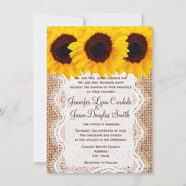Country Sunflowers Burlap Print Wedding Invitation (Front)