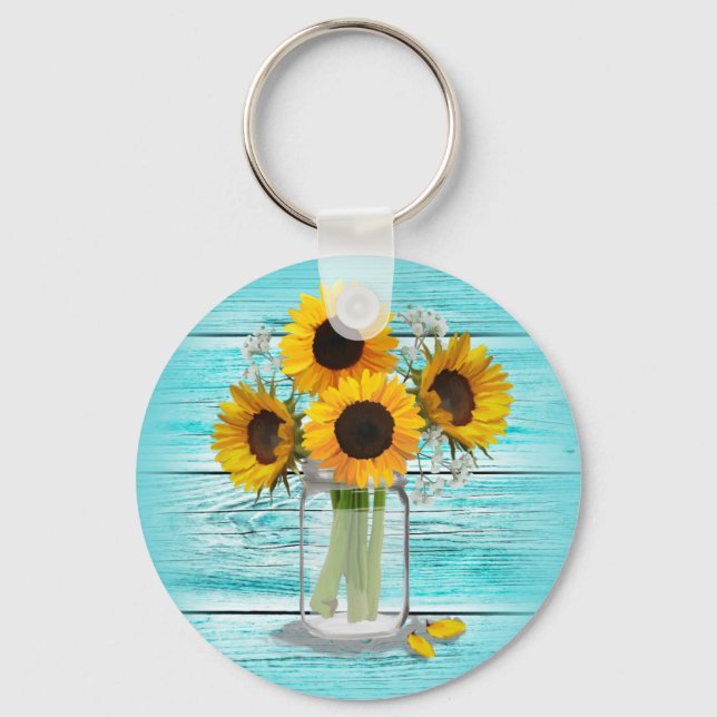 Country Sunflowers in Mason Jar Key Ring (Front)