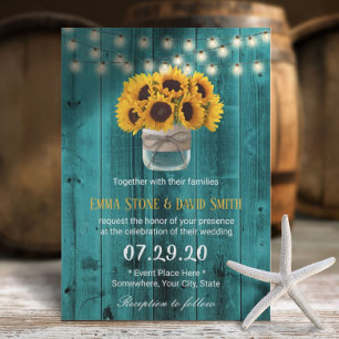 Country Sunflowers Jar Rustic Teal Barn Wedding Invitation