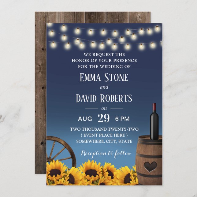 Country Sunflowers Navy Blue Rustic Wedding Invitation (Front/Back)
