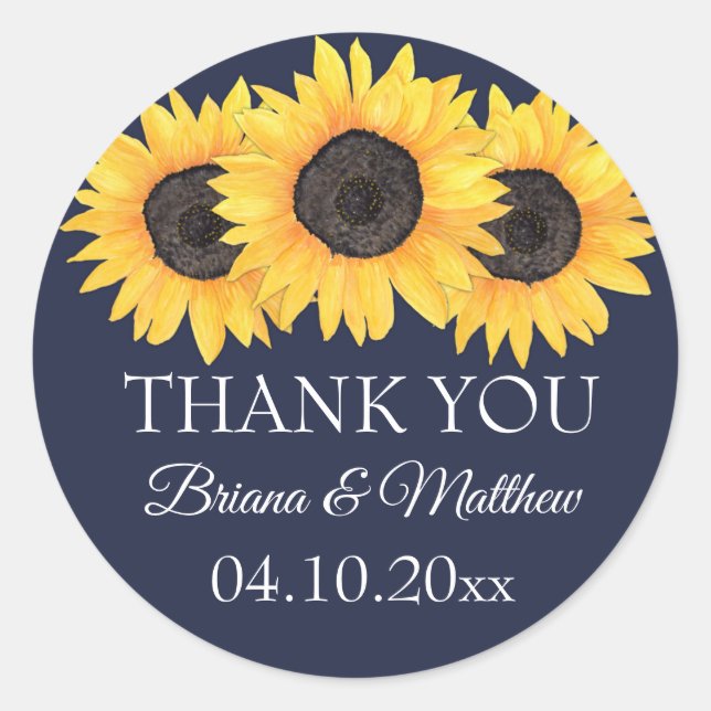 Country Sunflowers on Blue Wedding Favour Sticker (Front)