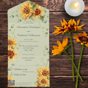 Country Sunflowers on Green with QR Code  All In One Invitation