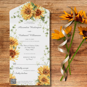 Country Sunflowers on White with QR Code  All In One Invitation