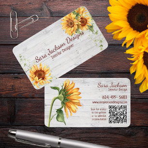 Country Sunflowers on Whitewash Wood with QR Code  Business Card