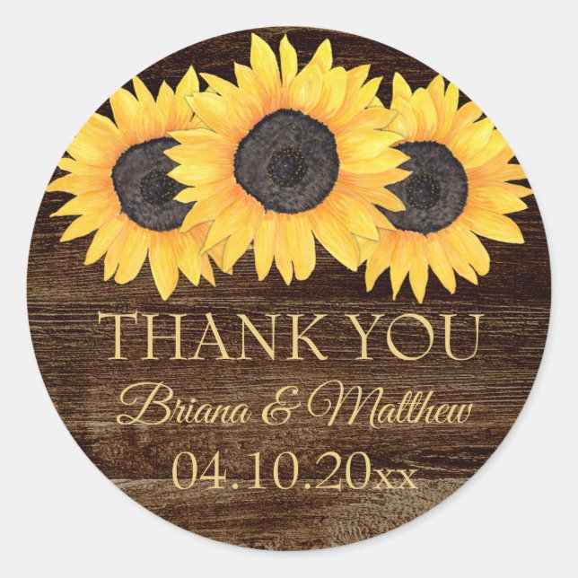 Country Sunflowers on Wood Wedding Favour Sticker (Front)