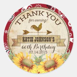 Country Sunflowers Rooster Bandanna Thank You Classic Round Sticker