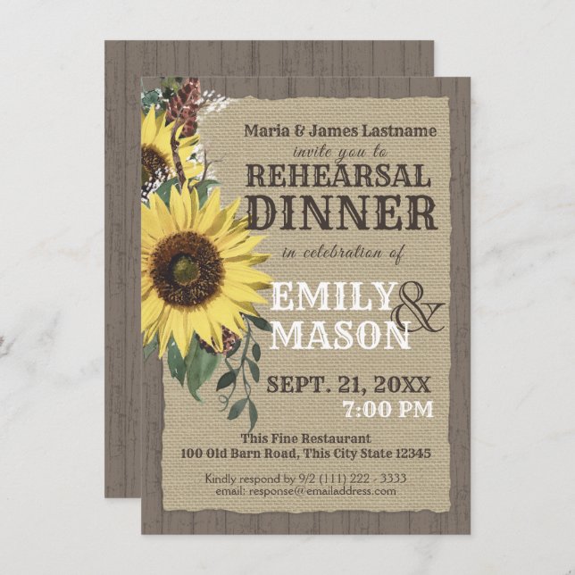 Country Sunflowers Rustic Rehearsal Dinner Invitation (Front/Back)