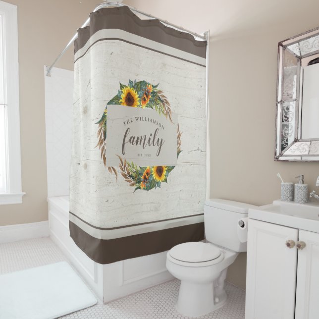 Country Sunflowers Rustic Wood Family Name Shower Curtain (In Situ)