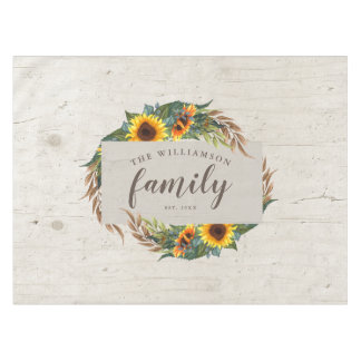 Country Sunflowers Rustic Wood Family Name Tablecloth