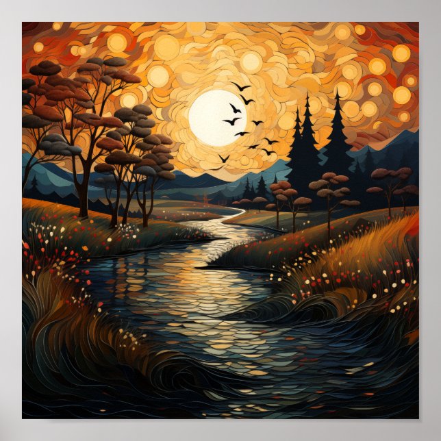 Country Sunset with Birds and Stream  Poster (Front)