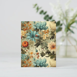 Country Teal Pumpkin Floral Vintage Postcard