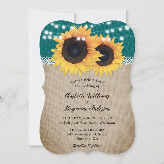 Country Teal Sunflower Burlap Lace Wedding Invitation (Front)